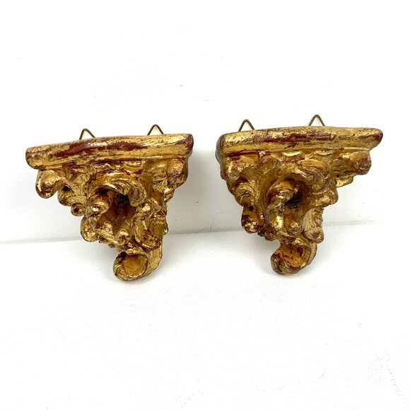 Pair Of Vintage Ornate Rococo Gilt Wood Wall Shelves Brackets Italy - Picture 11 of 16